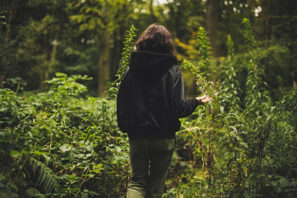 Silhouette of a woman walking through a dense green forest 